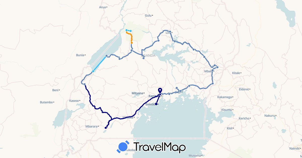 TravelMap itinerary: driving, cycling, boat, hitchhiking in Uganda (Africa)
